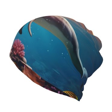 Rateoe Underwater Plant Dolphin Cotton Slouchy Beanie Hat for Men/Women,Lightweight Oversize Large Thin Skull Cap Night Sleeping Cap