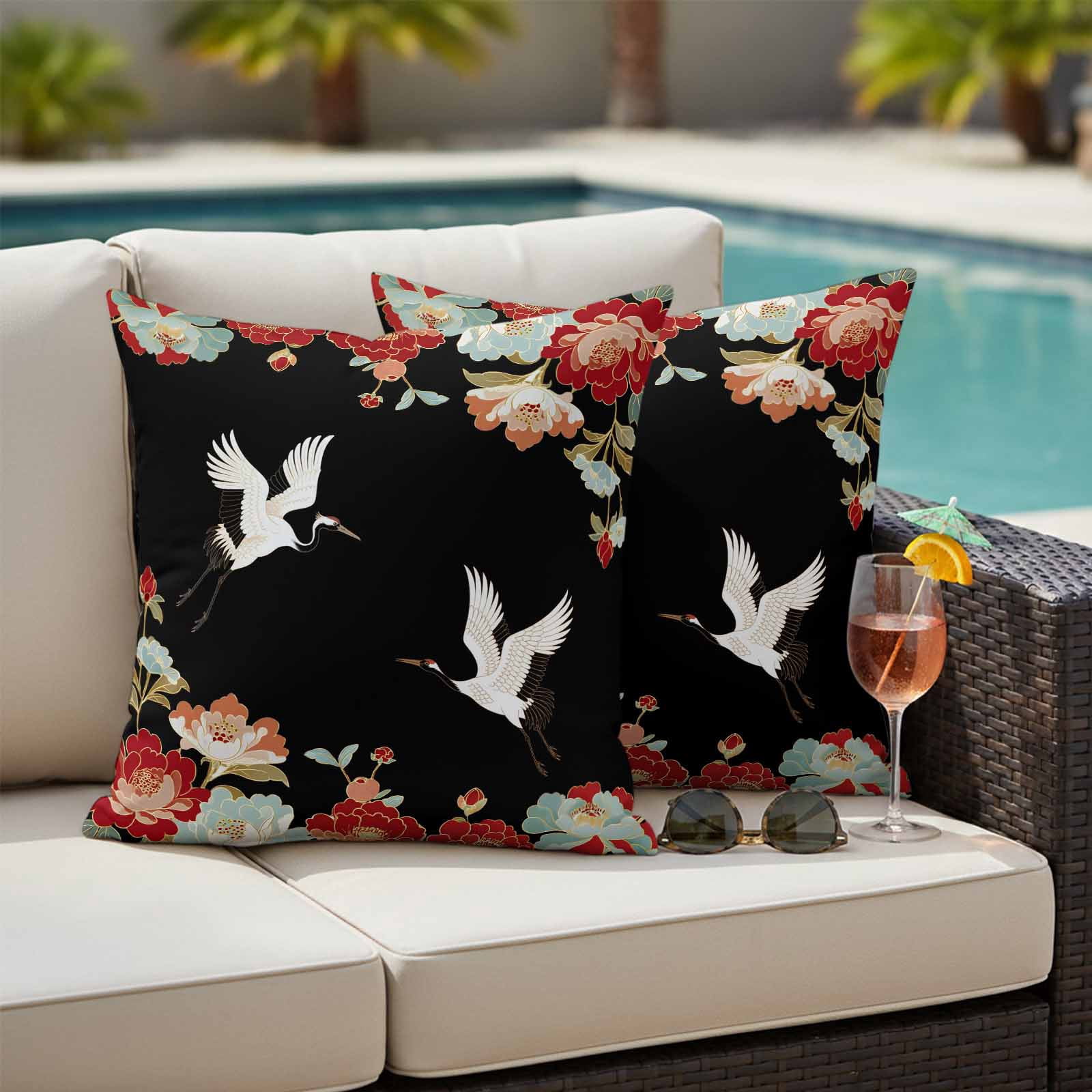 Pack of 2 Black Crane Outdoor Pillow Covers Decorative, Waterproof Pillow Protector, Vintage Red Teal Spring Floral Botanical Throw Pillowcases Accent Cushion Cases for Patio Couch Sofa 18"x18"