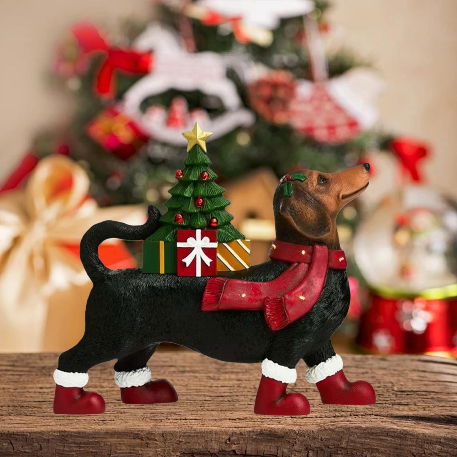 Lighted Blow Mold Dachshund Outdoor Christmas Decoration with Scarf, Boots & Tree Black Holiday Décor for Yard or Porch, 8“
