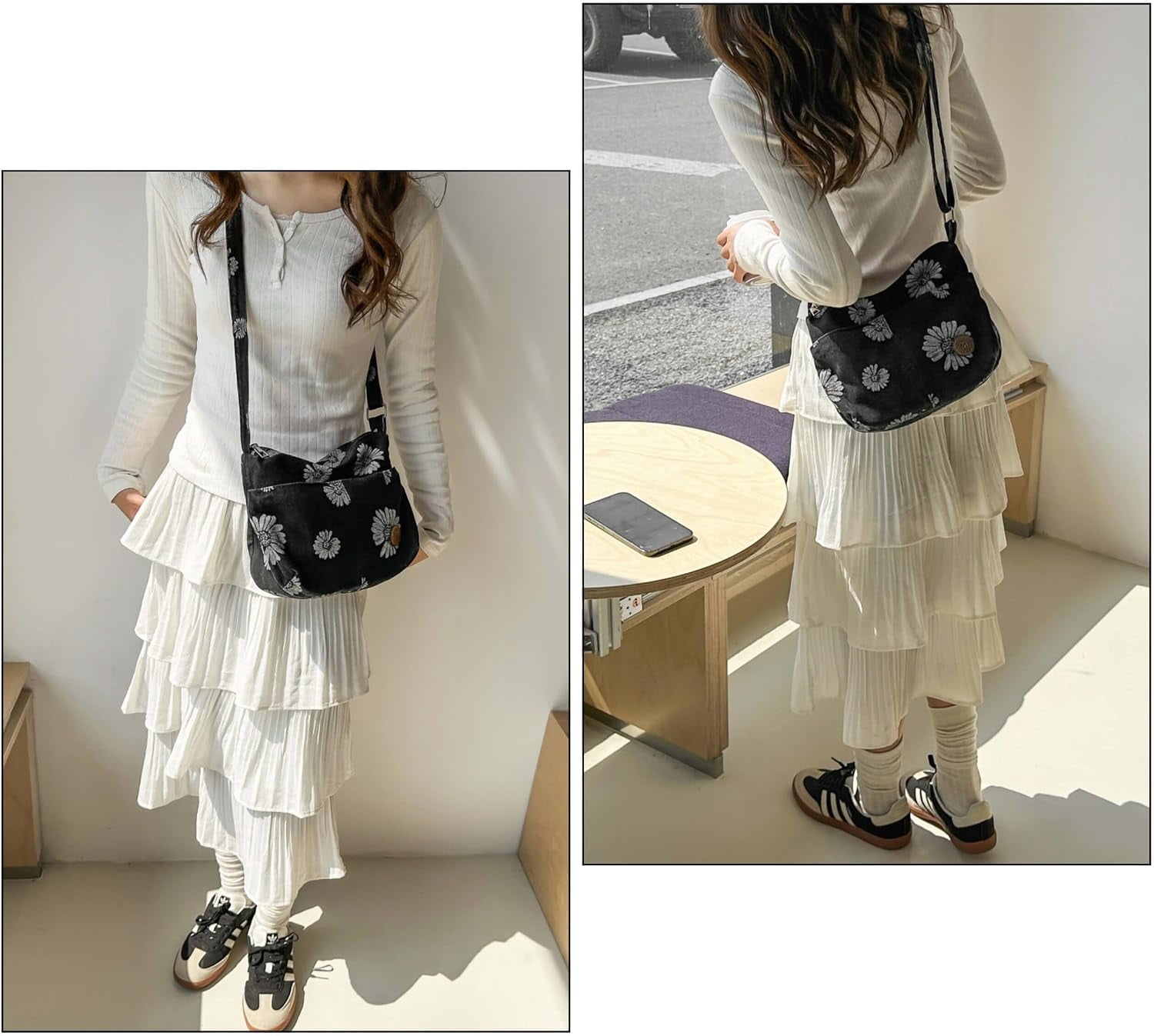 Sunyuer Women Vintage Floral Daisy Denim Crossbody Bag, Casual Lightweight Shoulder Handbag, Adjustable Strap Small Hobo Purse, Fashion Daily Commuter Messenger Bag for Shopping Travel