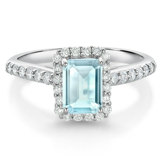 Gem Stone King 10K White Gold Sky Blue Topaz and White Lab Grown Diamond Halo Engagement Wedding Ring for Women (1.49 Cttw, Emerald Cut 7X5MM, Size 5)