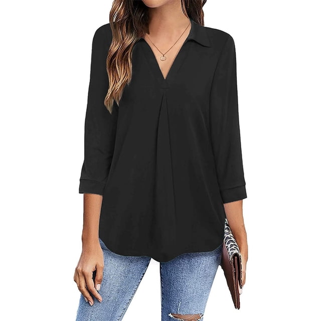Blusa Cuello en V Manga 3/4 Color puro para mujer Camisa plisada holgada informal para verano primavera
