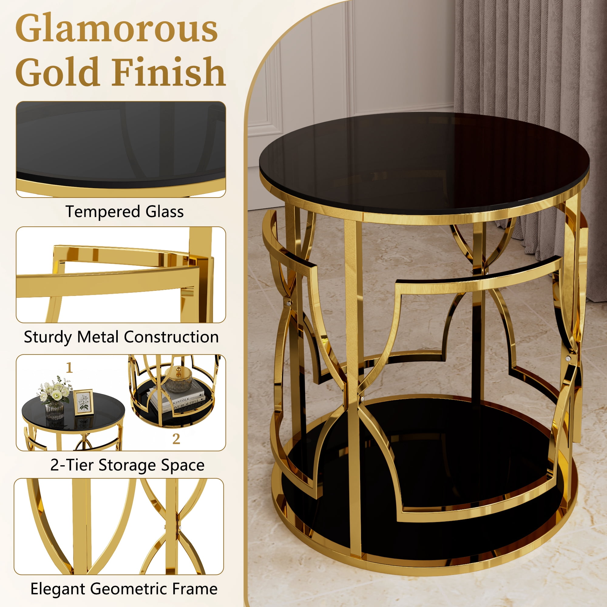 19.7" Round Side Table with Tempered Glass Top, 2-Tier Storage Shelf Modern Small End Table with Metal Frame, Sofa Side Accent Table