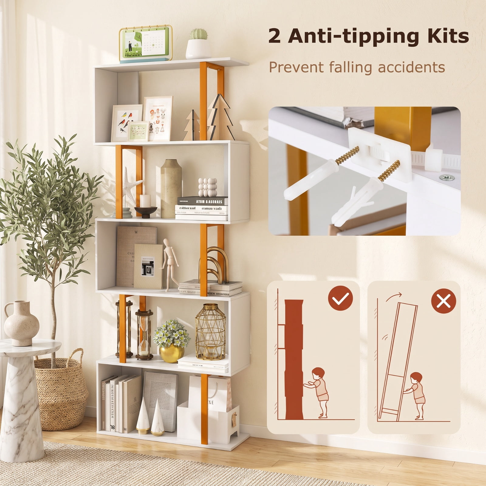 Furnibear 5-Tier/6-Tier Geometric Bookcase with Metal Frame and Anti-tipping Kits-5 Tier for Living Room Home Office Bedroom Display Storage, White