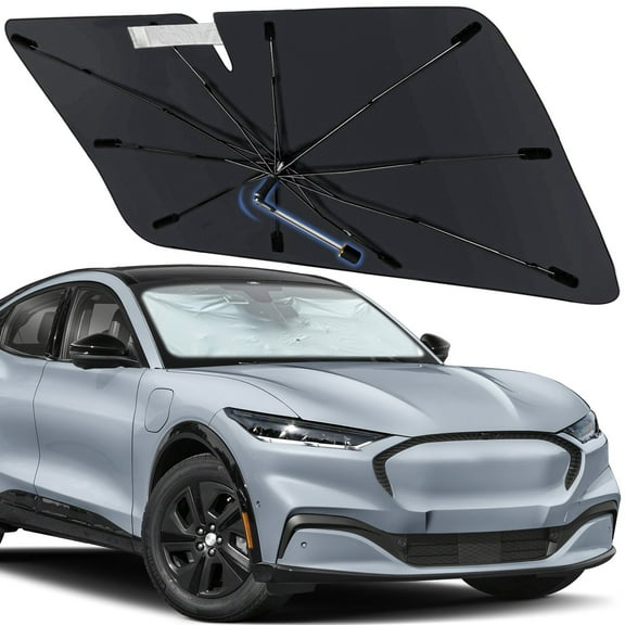 Windshield Sun Shade Umbrella for Ford Mustang Mach-E 2021-2026, Foldable Car Sunshade for Front Window with 360° Rotating Shaft, Custom-Fit Parasol para Carro for UV Blocking & Heat Reduction