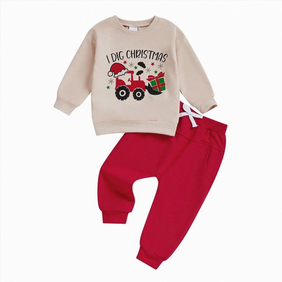 Xudanell Baby Boy Christmas Outfit Long Sleeve Letter Print Sweatshirt Pants Set 2Pcs Toddler Boy Christmas Outfits Winter(Khaki, 3-4 Years)