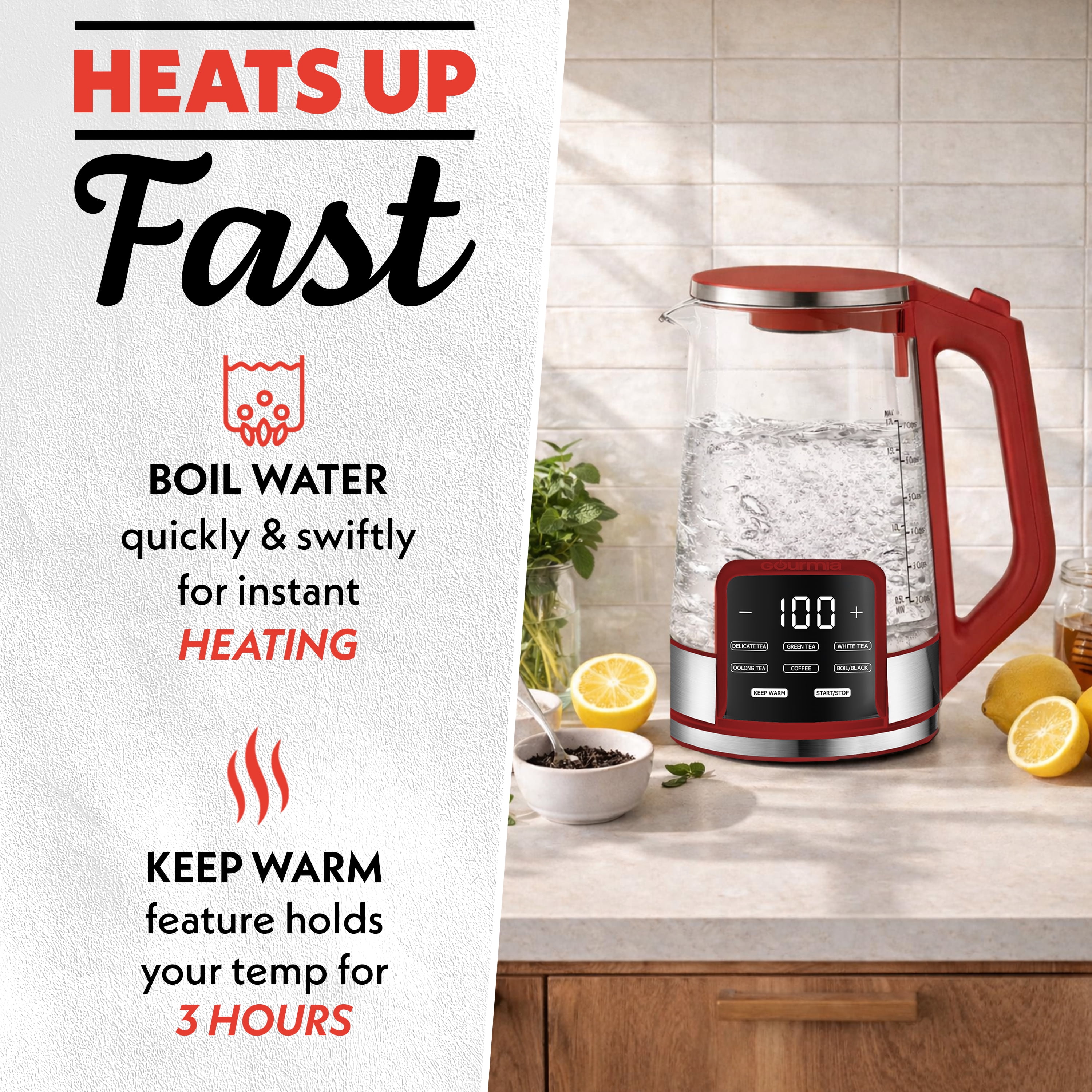 Gourmia Electric Kettle 1.7L with 6 Presets, Digital Display, and Tea Infuser, Red