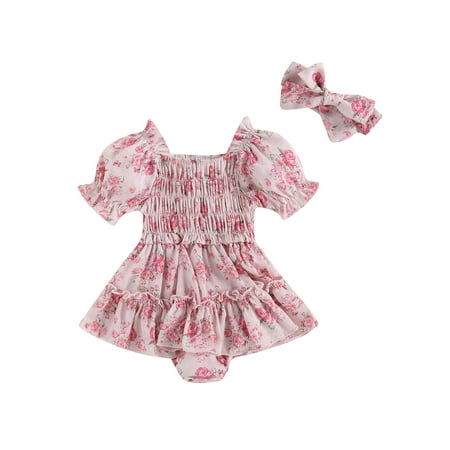 

Suanret Toddler Baby Girls Romper Summer Short Sleeve Boat Neck Floral Short Bodysuit Tops + Headband Outfits Pink 18-24 Months