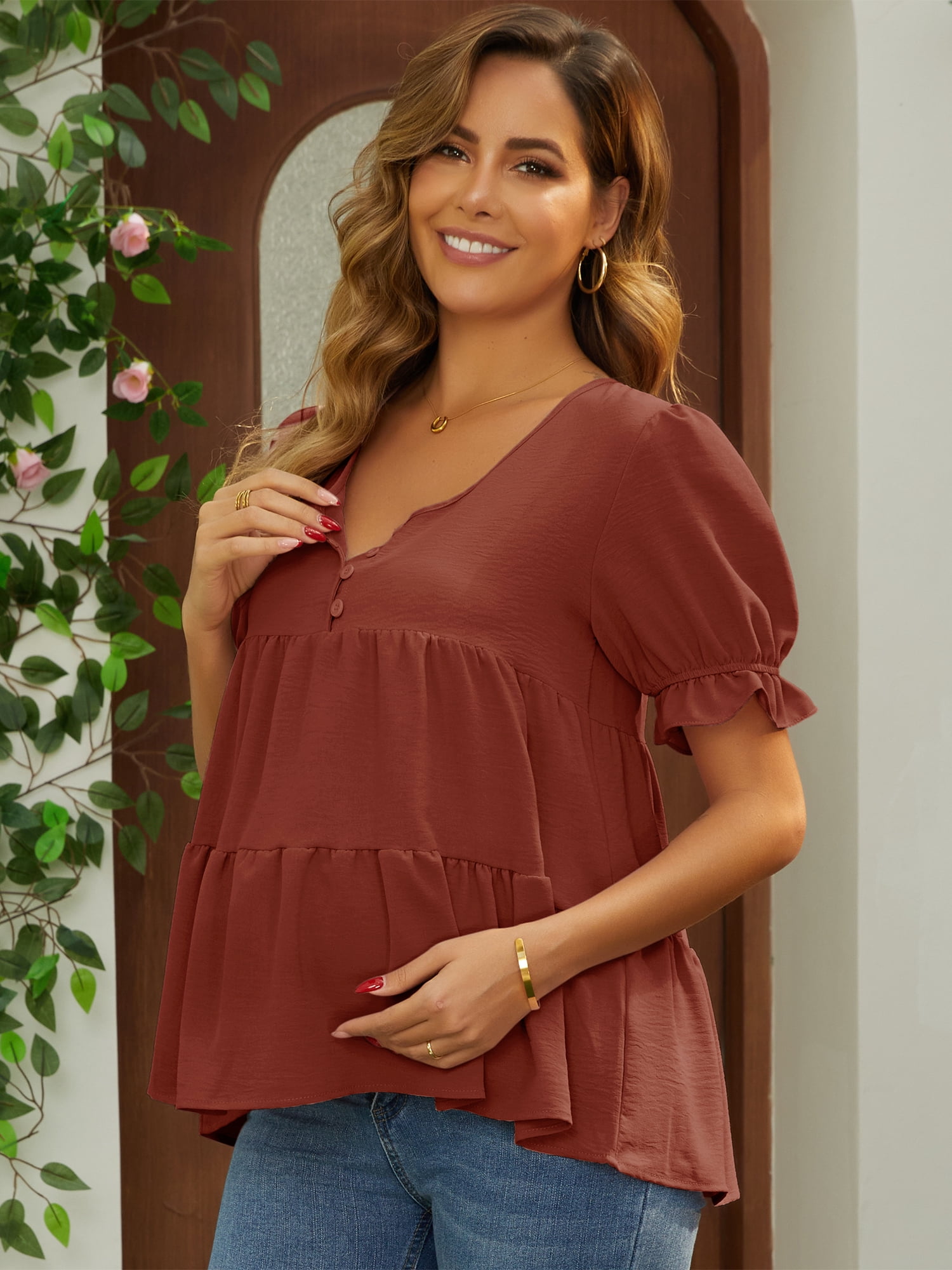 DARING DIVA Women's Maternity Ruffle Short Sleeve Casual Tiered Shirt XL Brown