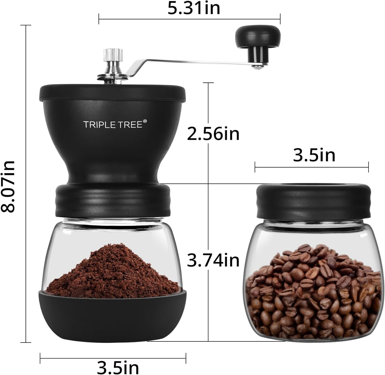 Manual Coffee Grinder with Ceramic Burrs and Lengthen Stainless Steel Handle, Hand Coffee Mill with 2 Glass Jars(11oz each), Brush and Tablespoon Scoop, Coffee Bean Grinder for Home, Camping, Black