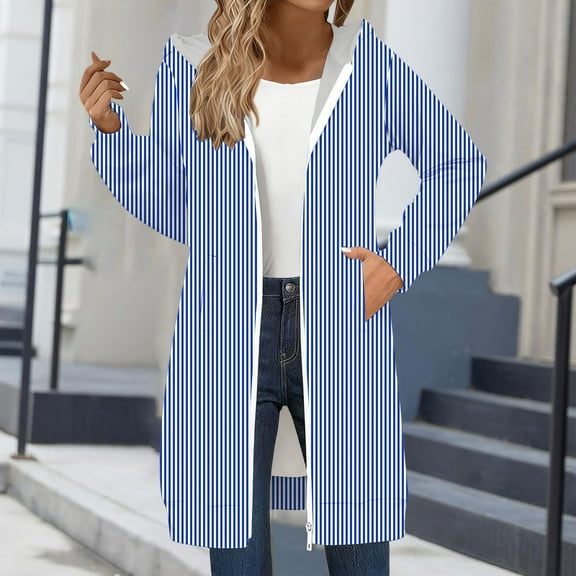 Women's Striped Zip Up Hoodie, Longline Fleece Jacket with Full-Length Zipper, Lightweight Mid-Length Hooded Sweatshirt, Soft Casual Wear for Fall and Winter Light Blue L