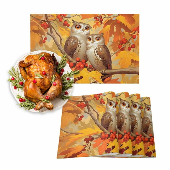 Fall Placemats Set of 4 Owls Standard in the Branch Place Mats Thanksgiving Placemat Berry Maple Leaves Table Mats for Dining Kitchen Table Holiday Dinner Party Home Fall Decorations 13x19 Inch