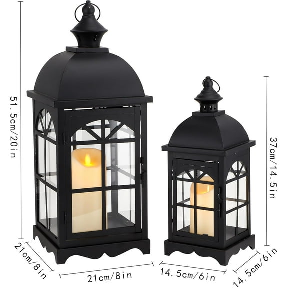 Set of 2 Decorative Vintage Candle Lanterns 14.5"&20" H Farmhouse Outdoor Hanging Lanterns with Tempered Glass for Porch, Balcony, , Home, Centerpieces, Indoor, Outdoor(Black)