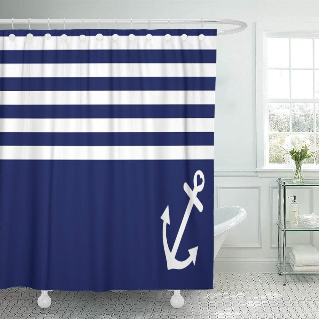 Nautical Navy Anchor Fabric Long Shower Curtain Bathroom Decor Set &2 Hook 72x78 