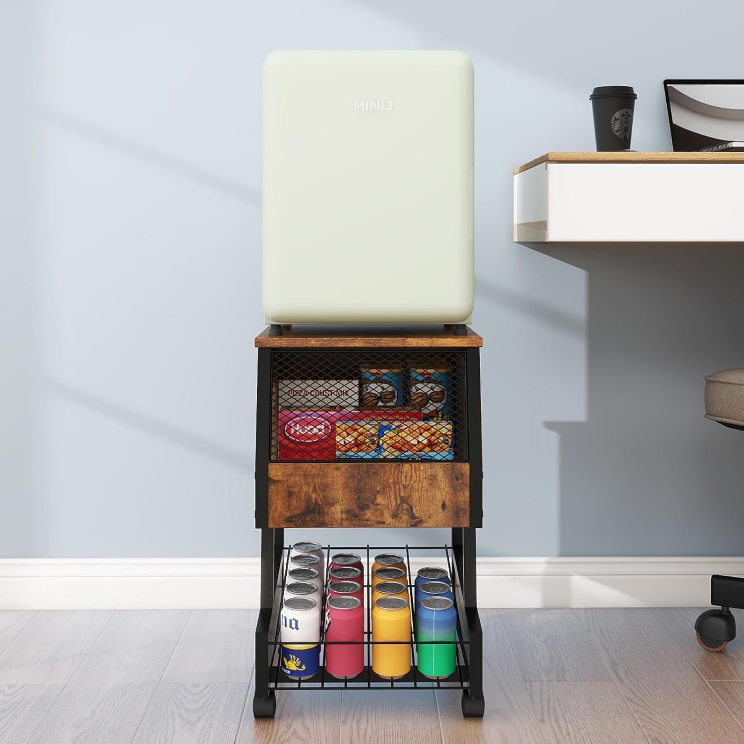 Compact Refrigerator Stand with Beverage Storage and Wheels Rolling Mini Fridge Cooler Table for Dorm Home Office Bedroom