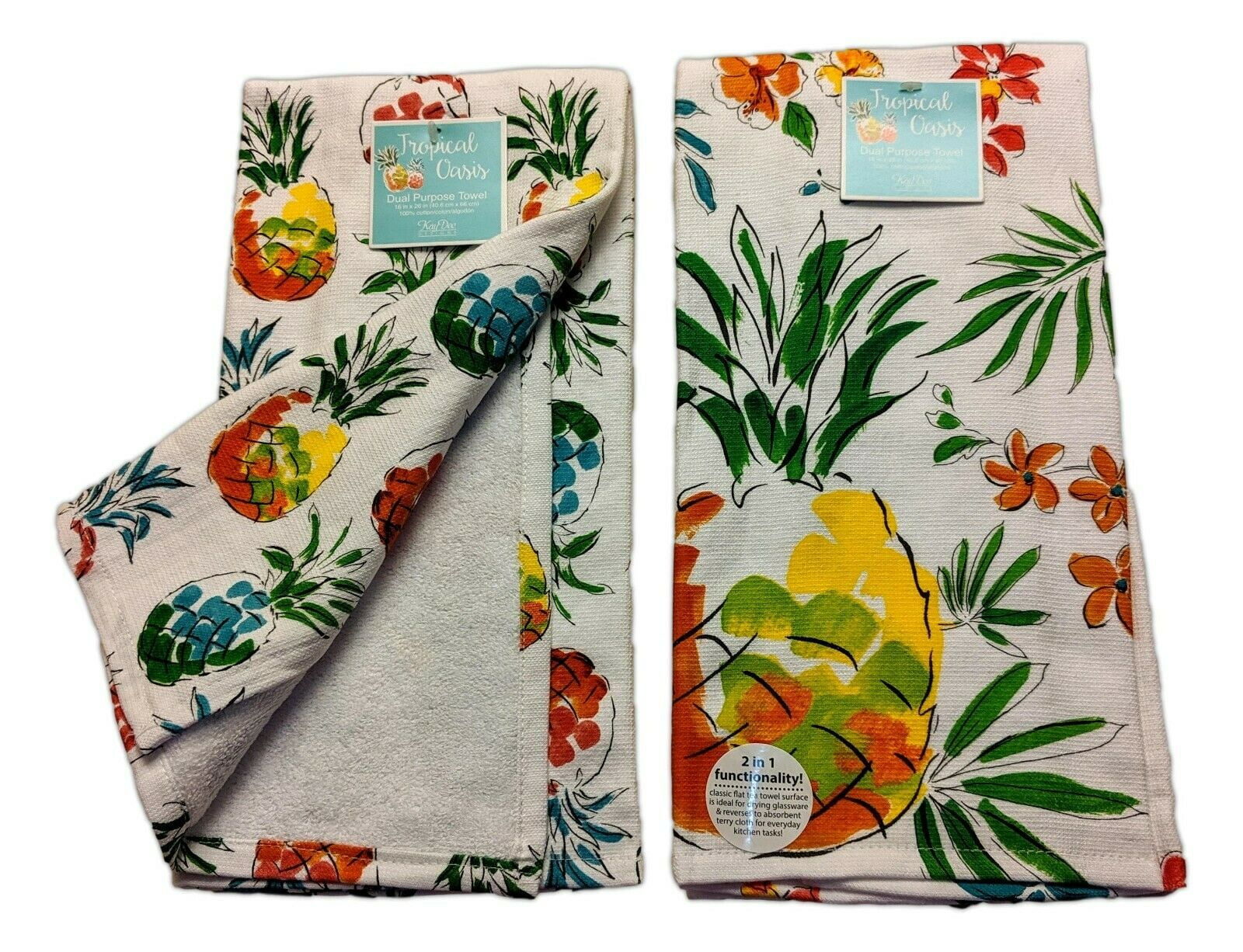 KITCHEN AID KITCHEN TOWELS (2) PINEAPPLES WHITE GOLD GREEN TERRY 100%  cotton NWT