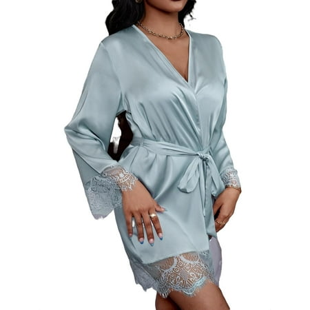 

Elegant Contrast Lace V neck Long Sleeve Sleepwear Baby Blue Women s Robes
