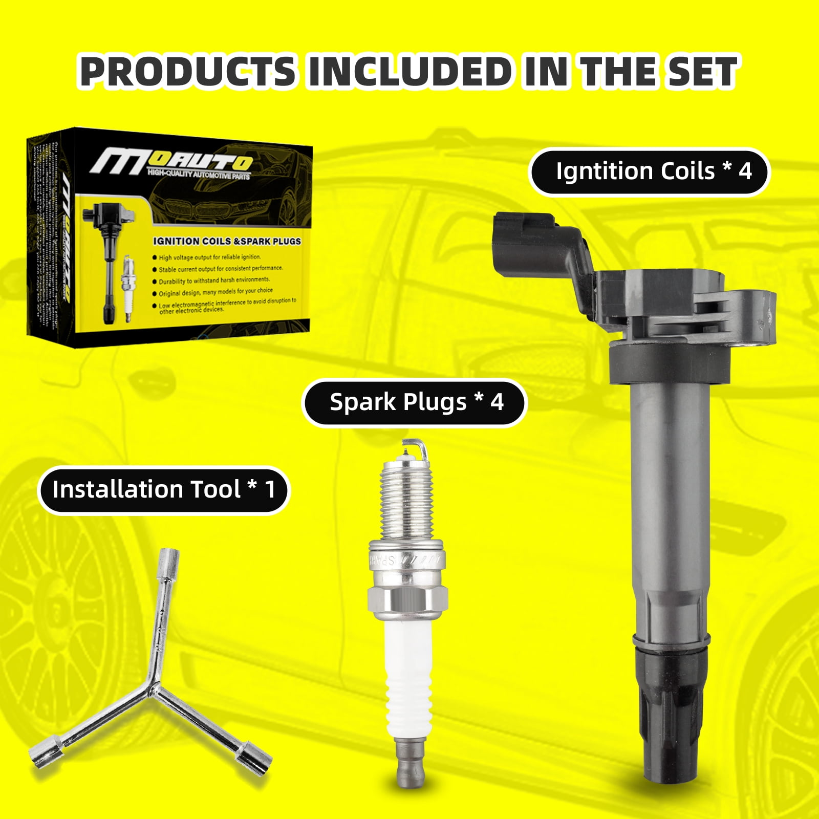 MOAUTO Set of 4 Ignition Coils Pack UF725 96983945 & 4 PCS Iridium Spark Plugs Compatible with Chevrolet 2013 2014 2015 Spark 1.2L L4