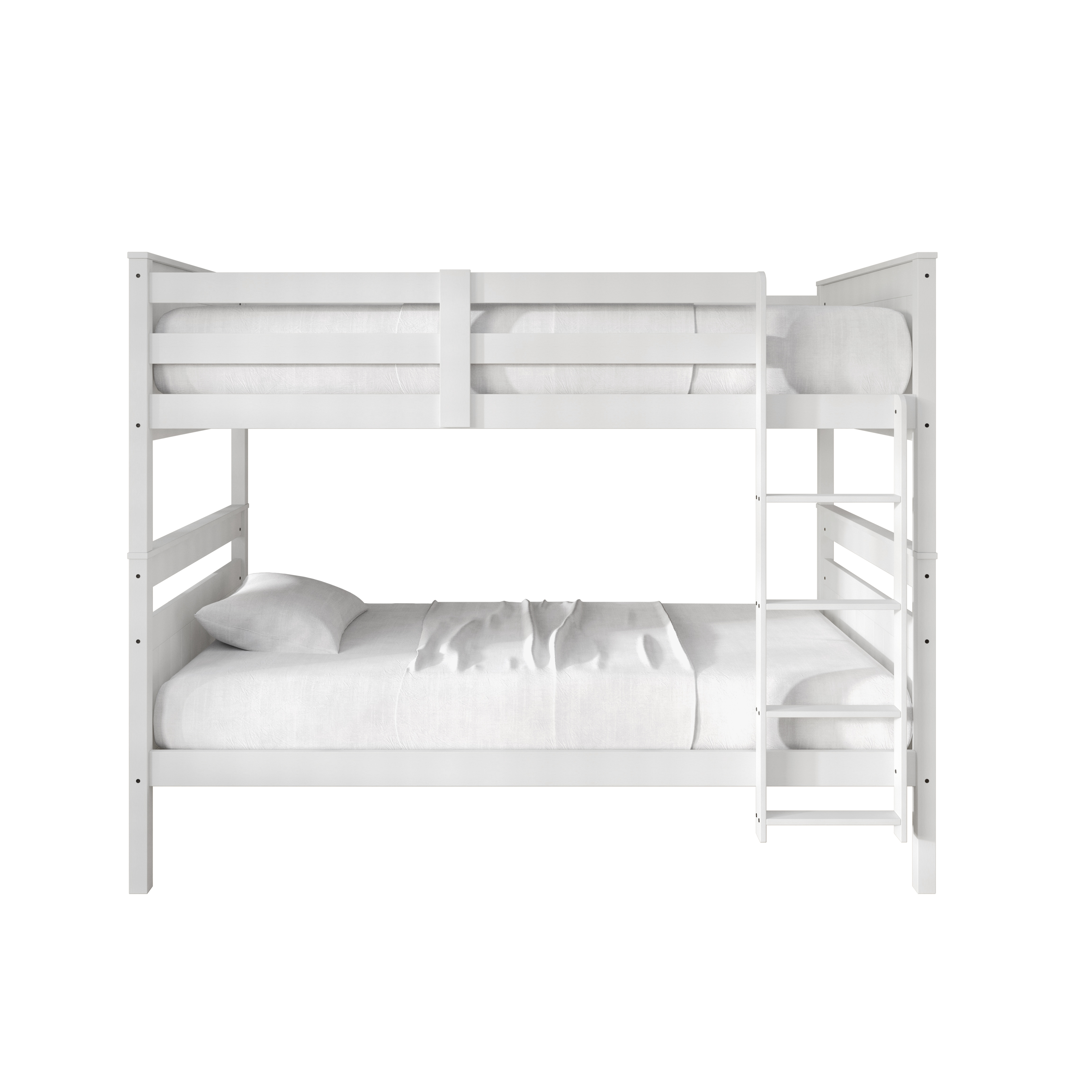 Home Design Lorain Twin Over Twin Solid Wood Bunk Bed with Sturdy Guardrails and Ladder, White, Easy Assembly