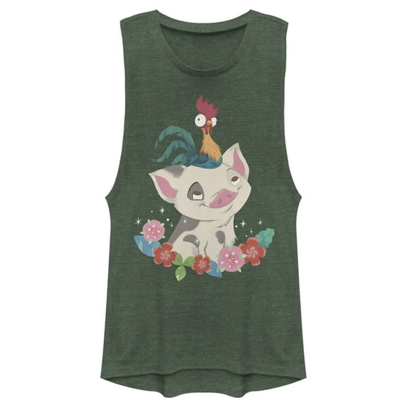 Junior's Moana Pua and Hei Hei Flowers Festival Muscle Graphic T-Shirt