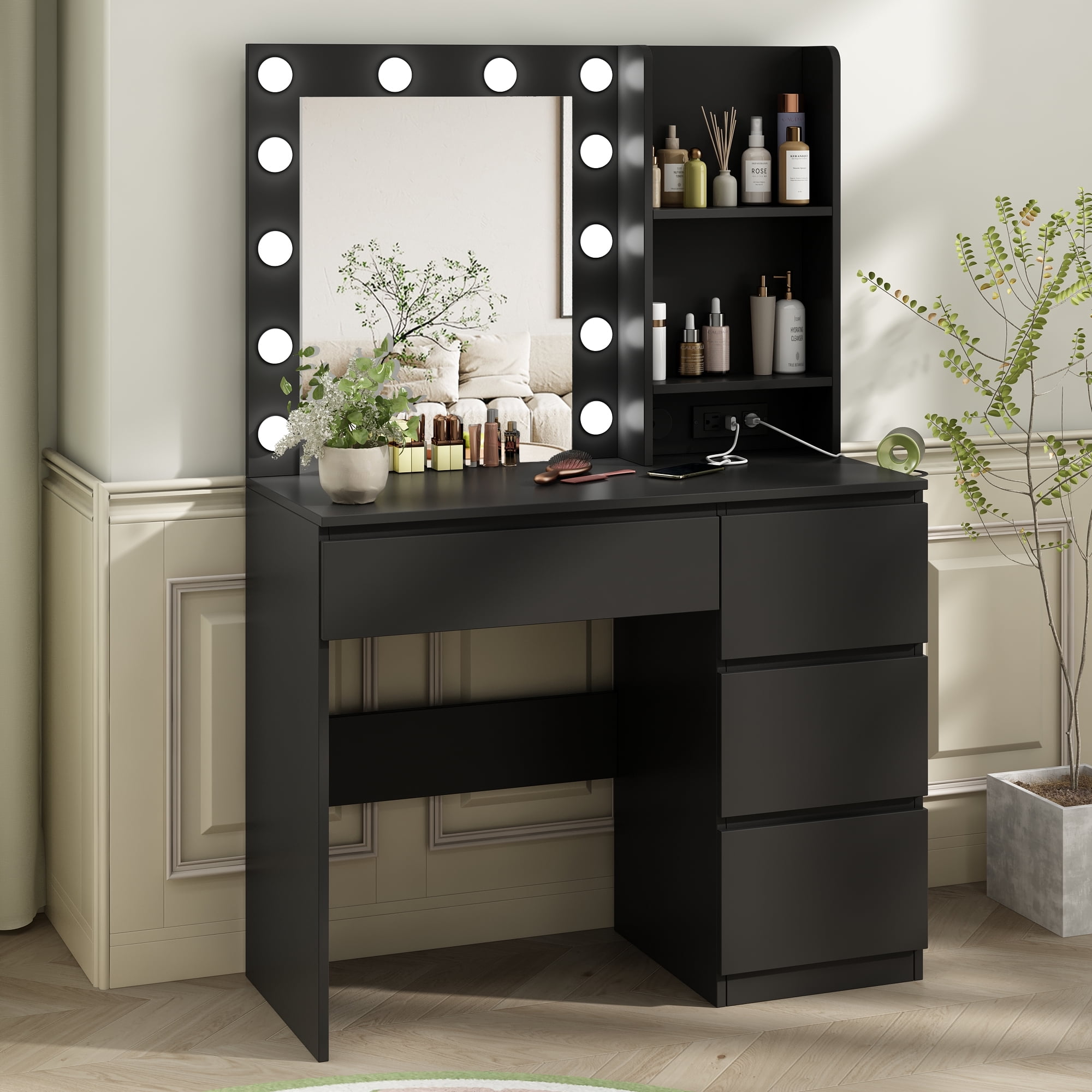 VEANERWOOD Makeup Vanity with Lights, Bedroom Vanity Table with Power Strip, Modern Dressing Table, 4 Drawers, 37in, Black