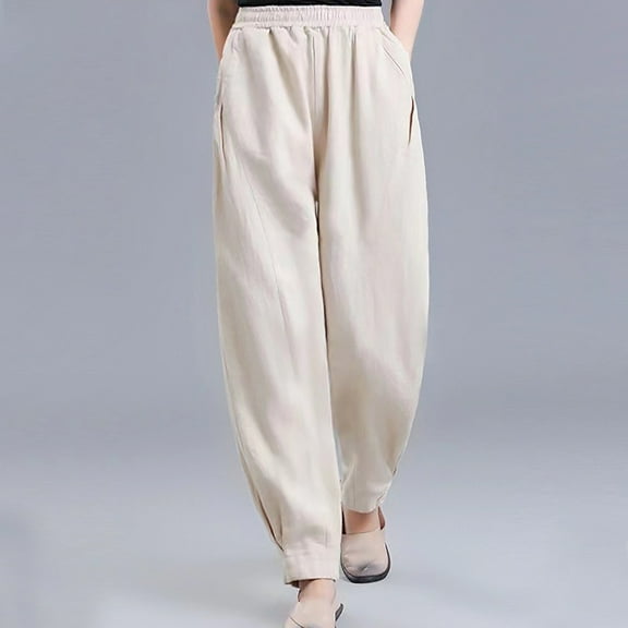 Aloohaidyvio Wide Leg Pants Woman Plus Size,Women Cotton Linen Wide Leg Pants High Waisted Business Work Casual Pants Loose Flowy Beach Palazzo Pants Size M