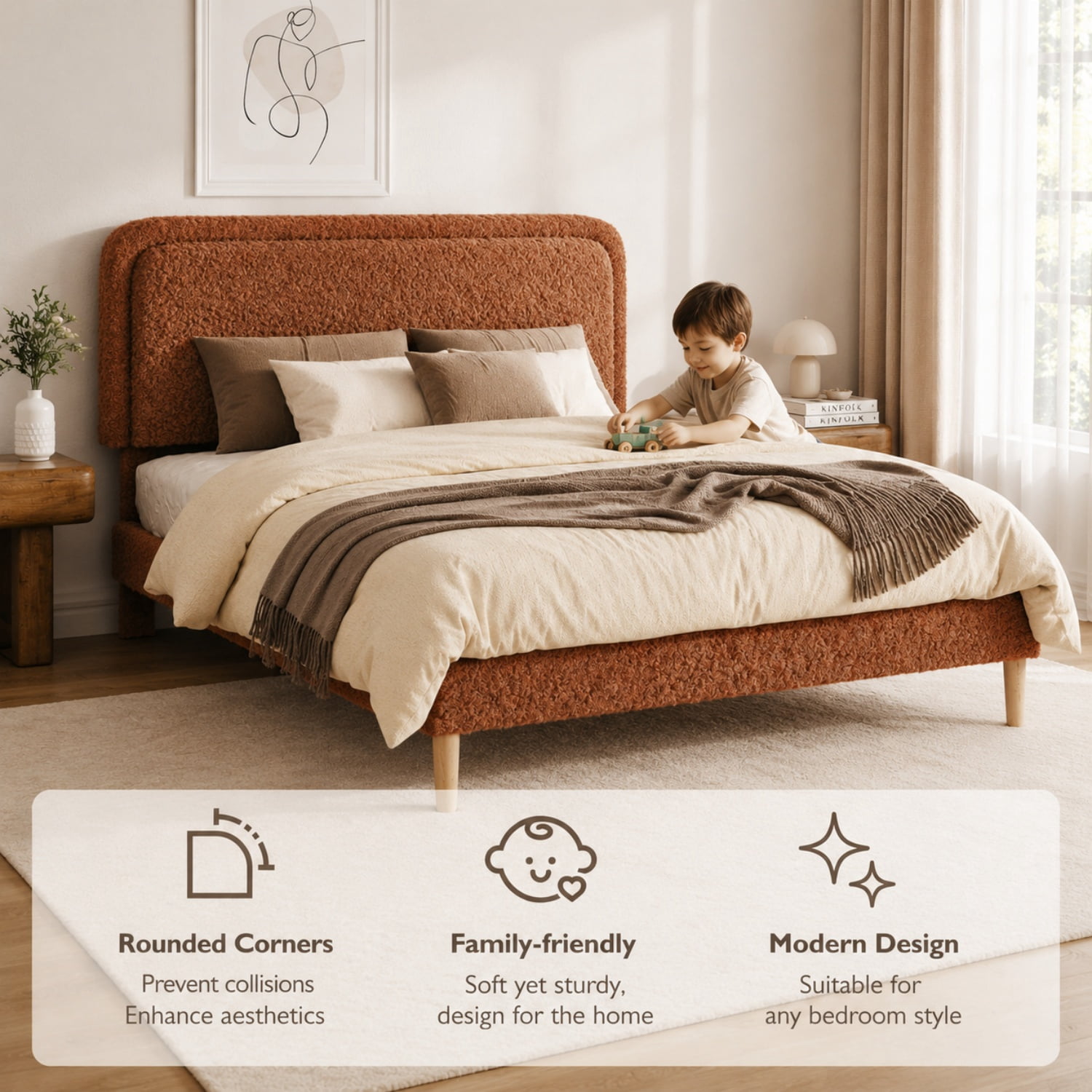 Miniyam Full Size Boucle Upholstered Platform Bed Frame with Adjustable Headboard and Wood Slat Support, Brown