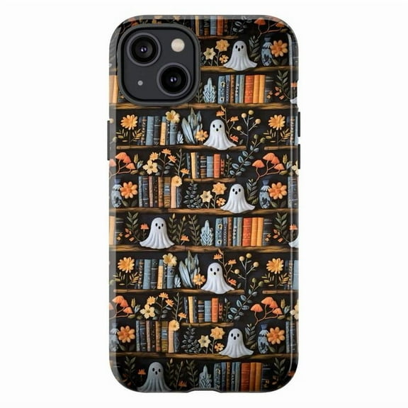 Cozy Halloween Bookshelf Phone Case for iPhone 16 15 14 13 12 11 Pro Max, Mini & Plus – Cute Ghosts, Autumn Flowers & Vintage Books Phone Cover