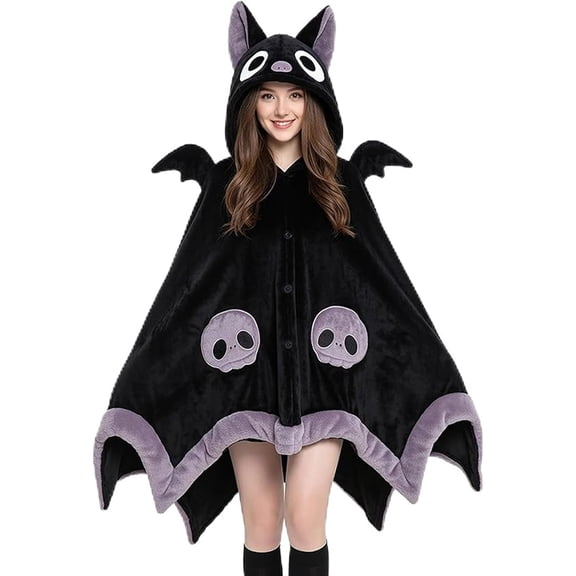 Cute Bat Blanket Hoodie, Fluffy Wearable Bat Blanket Hoodie for Halloween Cosplay, Skin Friendly Hooded Bat Shawl Cape for Adult Women