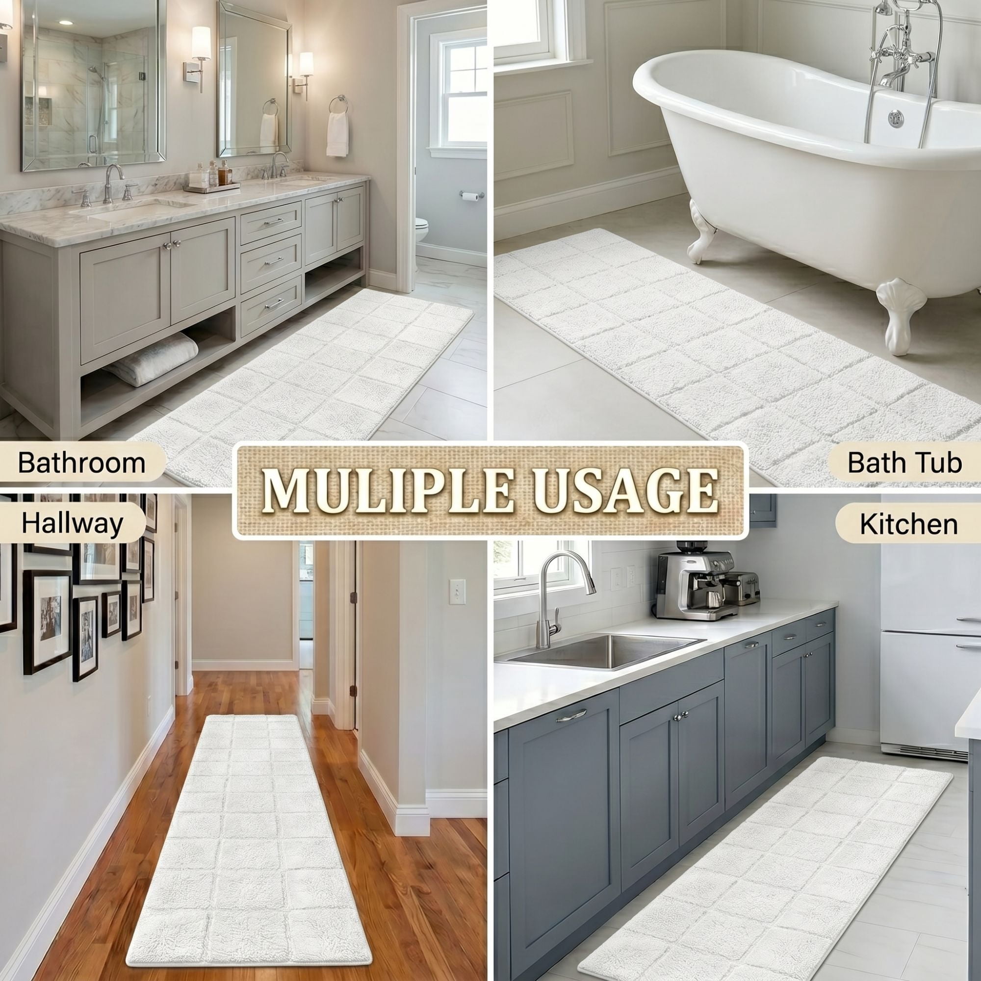 Superior Checkered Cotton Washable Non-Slip Bath Rug, Runner Size, White
