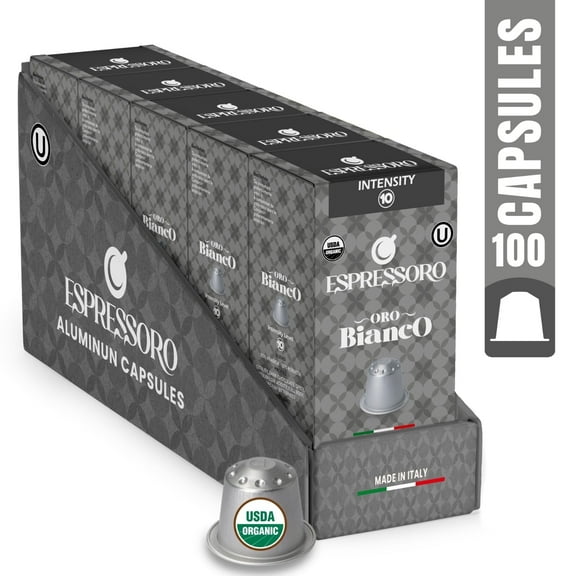 Espressoro Organic Espresso Capsules, Oro Bianco Intensity 10, Medium, Dark Chocolate, Pack of 100