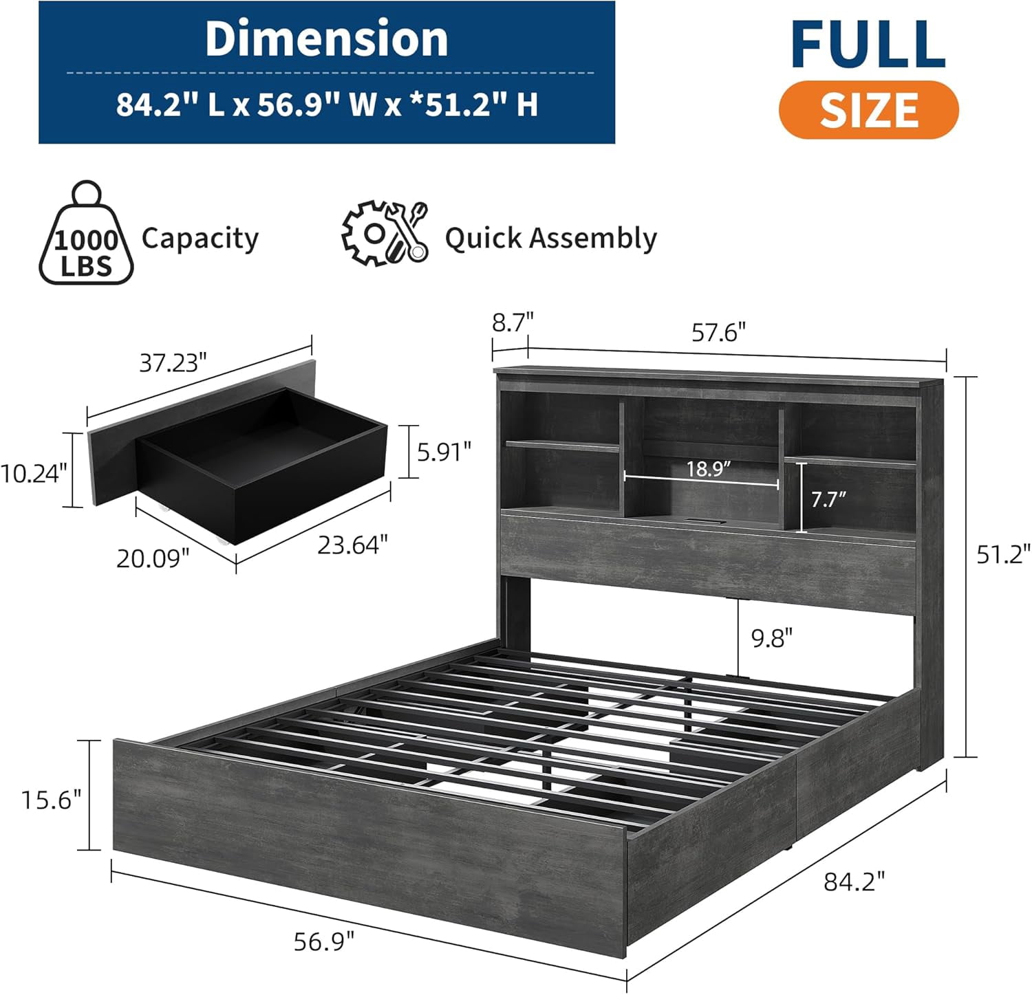 Full Size Bed Frame with High Storage Bookcase Headboard, Wood Bed Frame with 4 Storage Drawers, Built in Charging Station, No Box Spring Needed, Metal Frame, Noise-Free, Ink