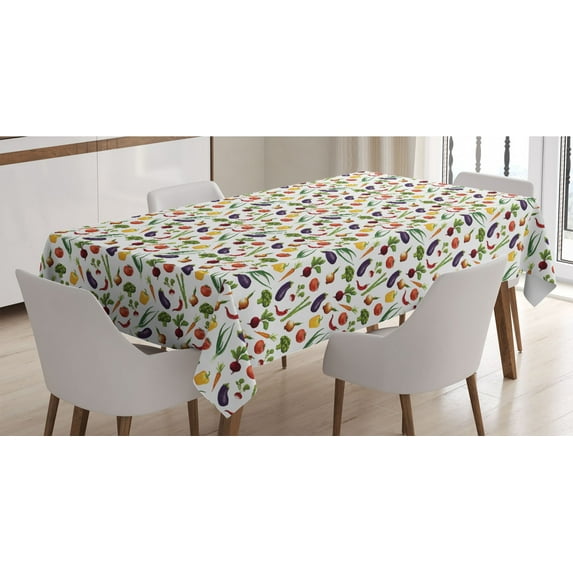 Vegetable Art Tablecloth, Watercolor Style Food Spring Onions Eggplant and Radish Repeating Pattern, Rectangle Satin Table Cover Accent for Dining Room and Kitchen, 60" X 90", Multicolor, by Ambesonne