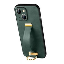 Dteck for Apple iPhone 13 Case with Hand Strap Holder, Shockproof Premium PU Leather Slim Flip Protective Case Adjustable Wristband Stand Ring Cover, darkgreen