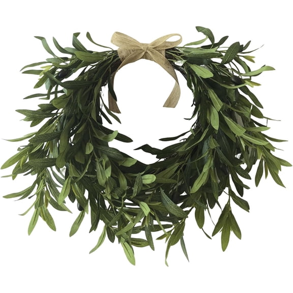 18inch Artificial Olive Leaf Wreath, Handmade Greenery Wreath with Realistic Leaves and Natural Ivy Vine Base, Farmhouse Front Door Christmas Decor with Burlap Bow,Green,Christmas