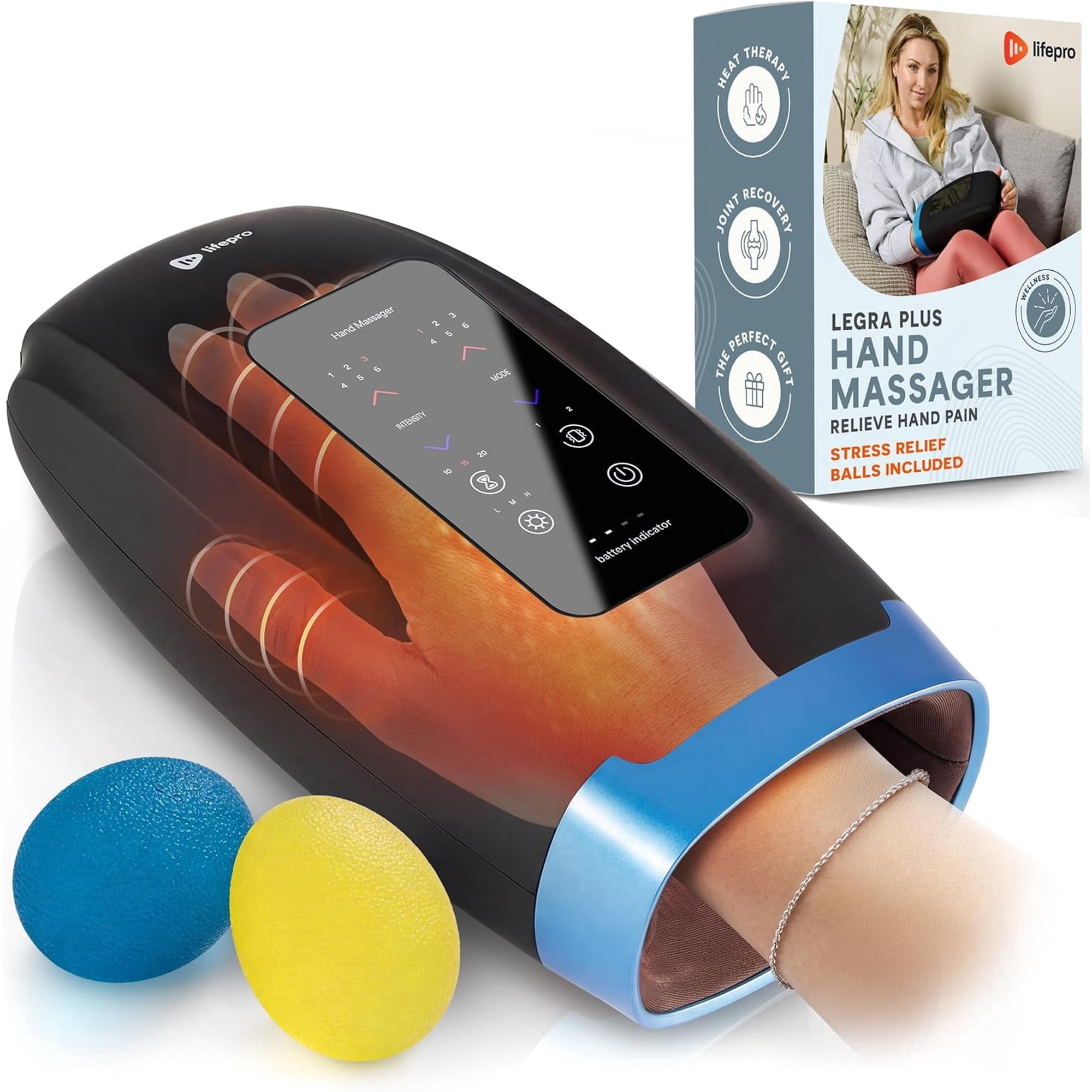 Lifepro Legra Plus Hand Massager with Heat & Air Compression – Electric Hand & Wrist Massager - Black