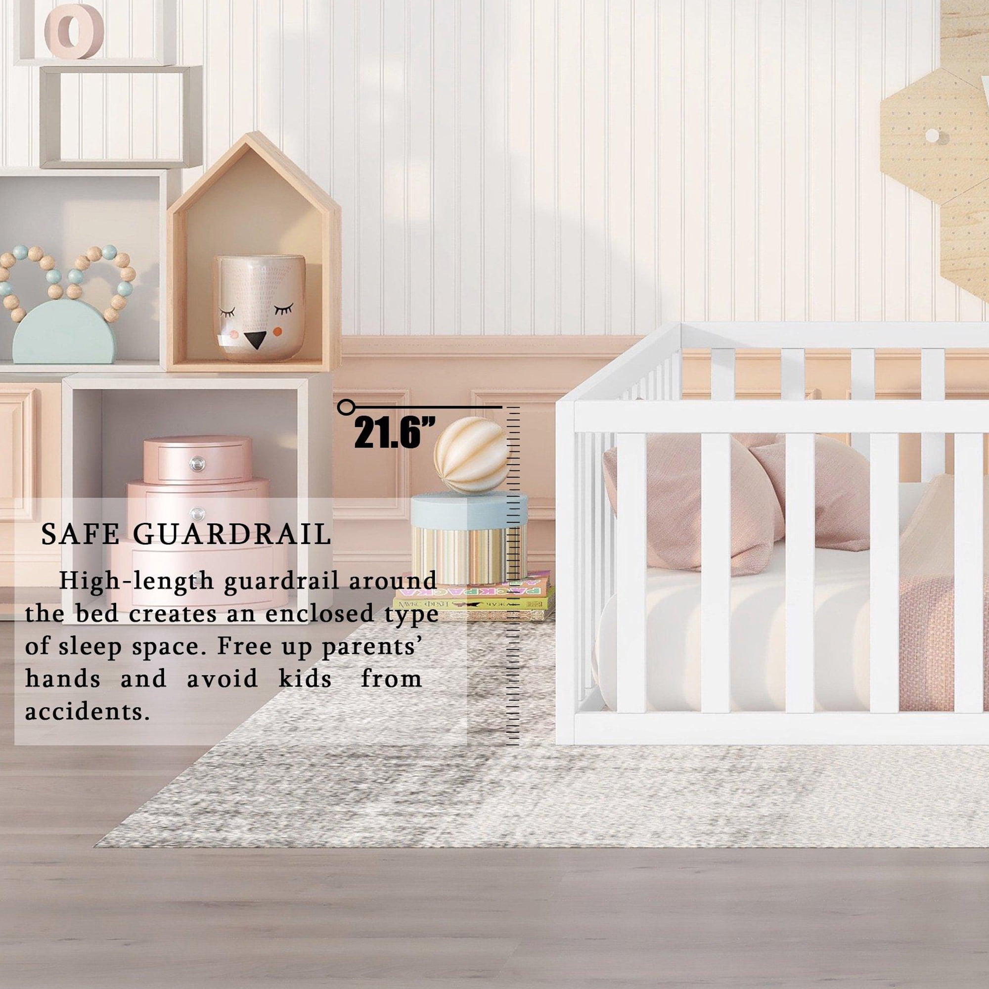 Gewnee Twin Size Montessori Bed for Toddler, Wood Floor Bed Frame with Fence and Door, White