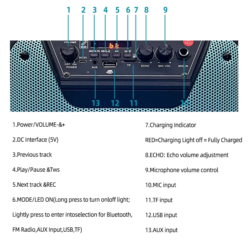 8" Subwoofer PA System Bluetooth Speaker - Portable Trolley, Wireless Voice Changer Mic, Party LED Lights, TWS, 4-5H Battery, for Karaoke/Parties/Lectures/Indoor/Outdoor