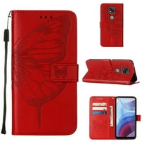 Moto G Play (2021) Case, Dteck Embossed Butterfly PU Leather Credit Card Slots Wallet Case with Hand Strap for Motorola Moto G Play 2021, Red