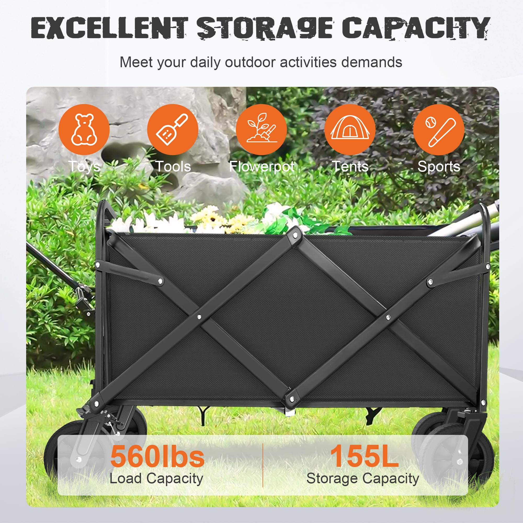 Qunler Large Collapsible Folding Wagon, 560 lbs Heavy Duty Big Bucket Utility Garden Cart with Oversized Tank Wheels for Sports, Shopping, Camping, Kids, Black