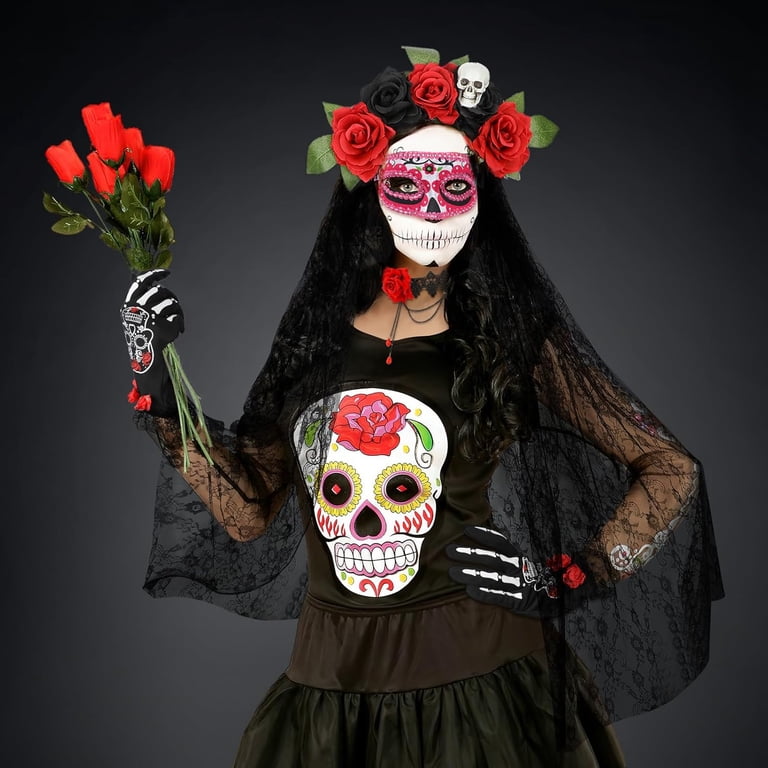 Day Of The Dead Halloween Floral Skull Headband Veil & Stockings Costume Set 4PCS Day of the Dead Costume Set for Women, Flower Skull  main image 2