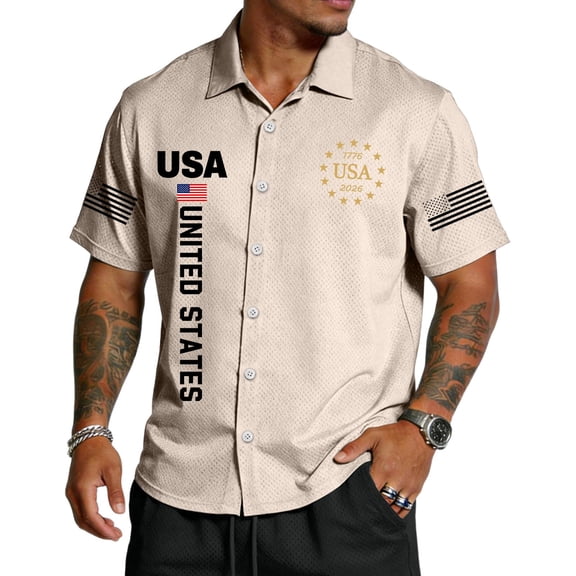 Button Down Shirts for Men American Flag Printed Short Sleeve 4th Of July Hawaiian Shirts 250 Years Of Freedom 1776-2026 Patriotic Shirt for Memorial Day Independence Day Outfits,Beige 2XL