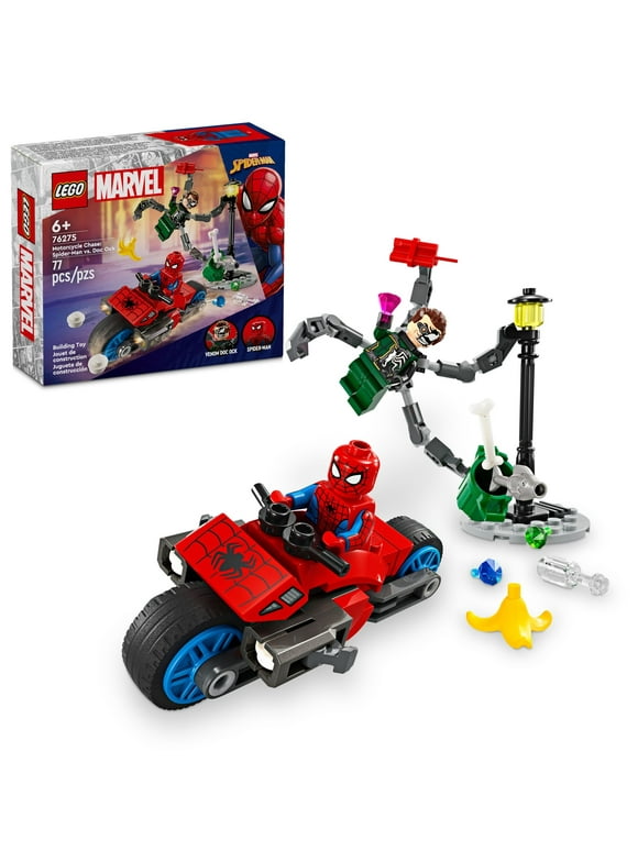 LEGO Marvel Motorcycle Chase: Spider-Man vs. Doc Ock, Buildable Toy for Kids with Stud Shooters and Web Blasters, 2 Marvel Minifigures, Super Hero Toy, Gift for Boys and Girls Aged 6 and Up, 76275