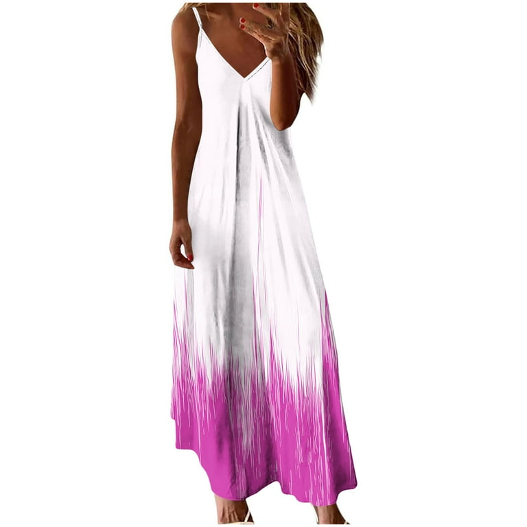 Dazajoo Pleated Maxi Dress for Women Tie Dye Spaghetti Strap Dresses Summer Casual Sleeveless V Neck Long Dress,Hot Pink,XXL, Women's, Size: 2XL
