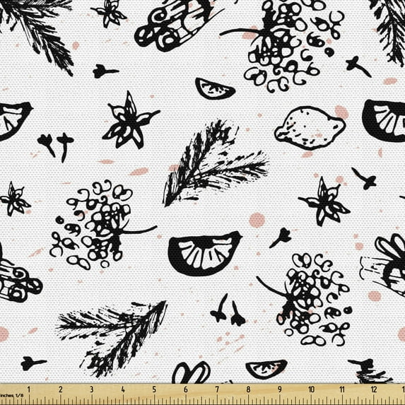 Cartoon Fabric by the Yard, Hand Drawn Like Simple Design of Floral Shapes and Citrus Fruits, Upholstery Fabric for Dining Chairs Home Decor Accents, White Charcoal Grey and Blush by Ambesonne