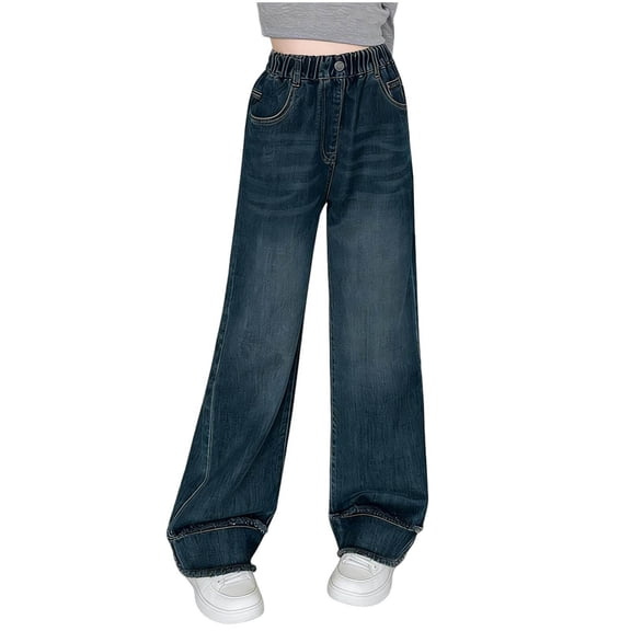 NAISIBABY Fashion Jeans for Girls, High Waist with Pockets Wide Leg Kids Casual Denim Pants Blue Size 14