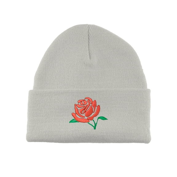 Gravity Threads Red Rose Embroidery Cuffed Beanie - White