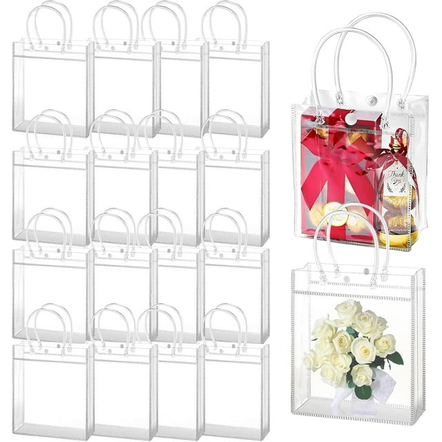 Bolsas de Regalo Grandes de PVC Transparente con Asa, 20 Piezas Reutilizables Bolsitas de Dulces de Plástico para Boda Recuerdos, Fiestas, Cumpleaños