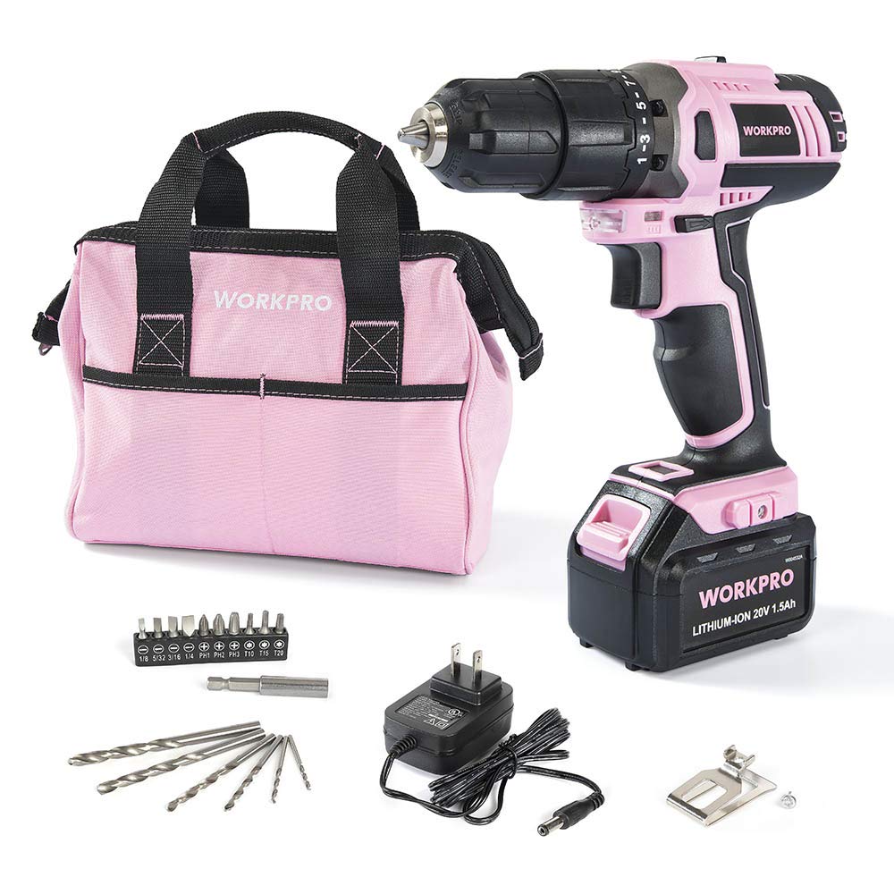 WORKPRO Pink Cordless 20V Lithium-ion Drill Driver Set, 1 Battery, Charger and Storage Bag Included - Pink Ribbon