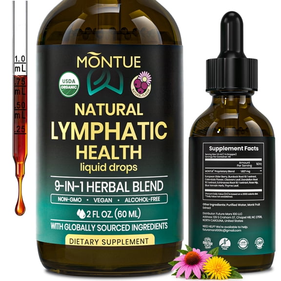 Montue Lymphatic Health Liquid Drops, 1827mg 9-in-1 Herbal Blend with Echinacea, Dandelion, Burdock, Bromelain, Calendula & Turmeric, Vegan, Sugar-Free, 2 Fl Oz, 1 Pack